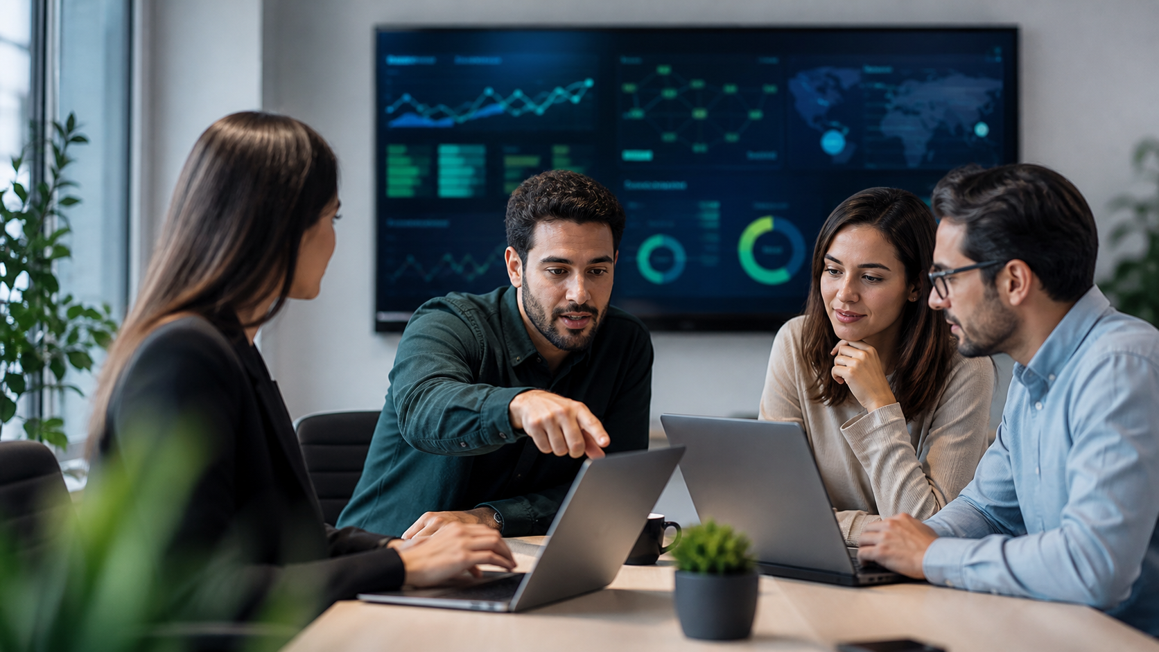 Equipo de consultoría tecnológica revisando dashboards y procesos digitales