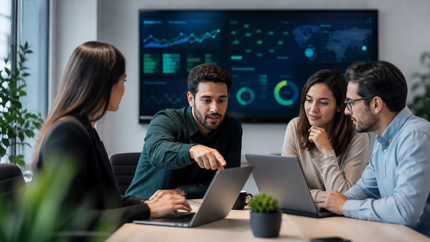 Equipo de consultoría tecnológica revisando dashboards y procesos digitales